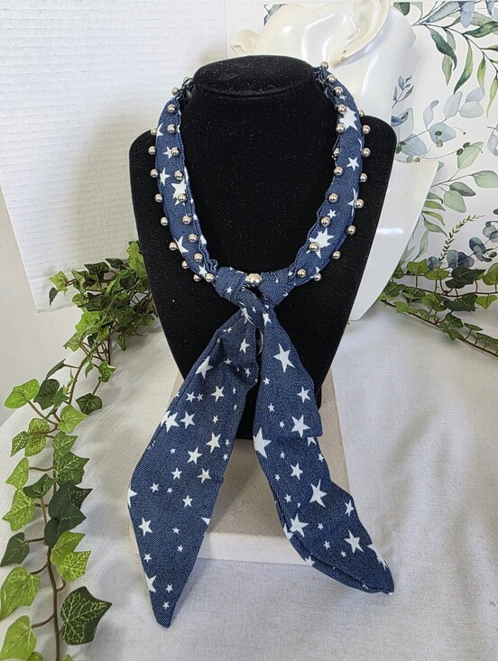 Accessories - Studded Star Print Magnetic Choker Scarf – Blue Denim Style Americana
